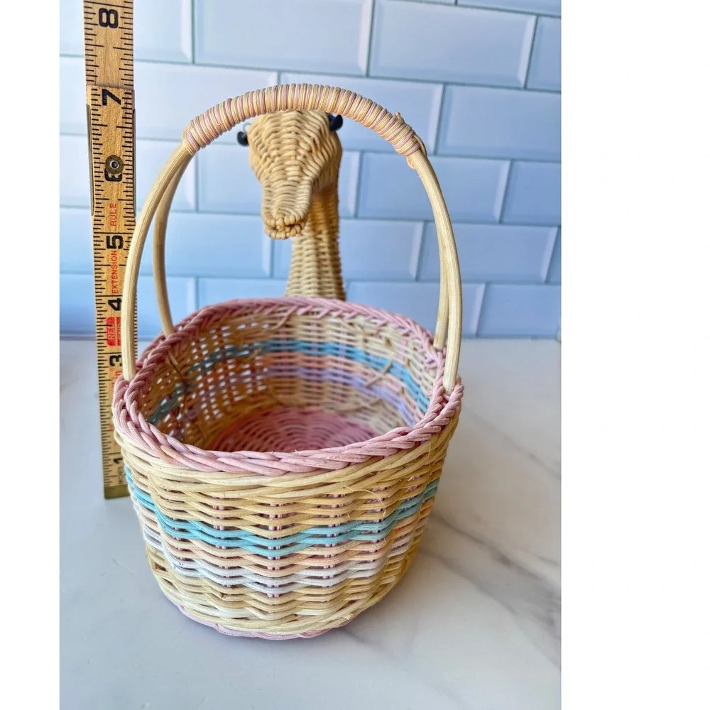 Vintage Woven Wicker Duck Basket Pastel Pink Blue Figural Animal Easter Decor